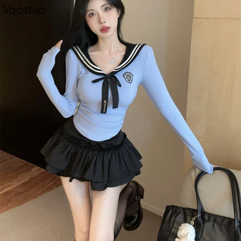 Japanese Sweet 2 Piece Set Women Sailor Collar Long Sleeve Blouse Tops Mini Cake Skirt Suit Korean Preppy Style Outfits Autumn