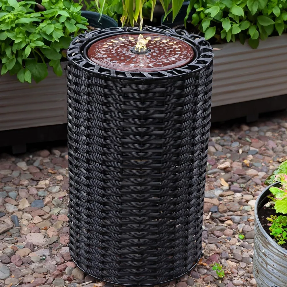 Cylinder Indoor/Outdoor Water Fountain - 20.5-Inch - with Plastic Wicker Design and LED Lights