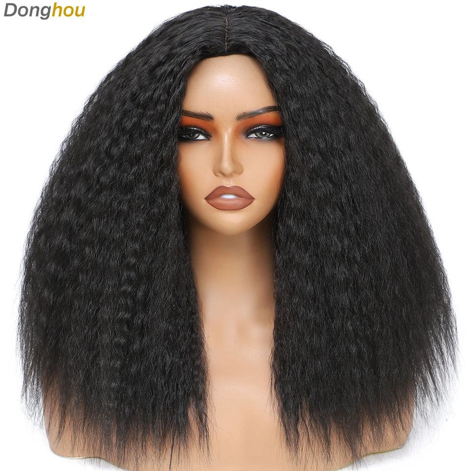 قصيرة منتفخ ياكي مستقيم شعر مستعار اصطناعي 16 بوصة متوسطة طول ارتداء والذهاب شعر مستعار موجة عميقة الباروكات Perruque فام كورتي Sans Colle