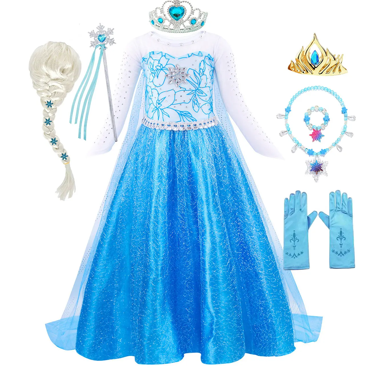Kid Birthday Elsa Party Blue White Clothes Princess Dress Snow Queen Disguise Role Play Vestido Girls Ice Power Carnival Costume