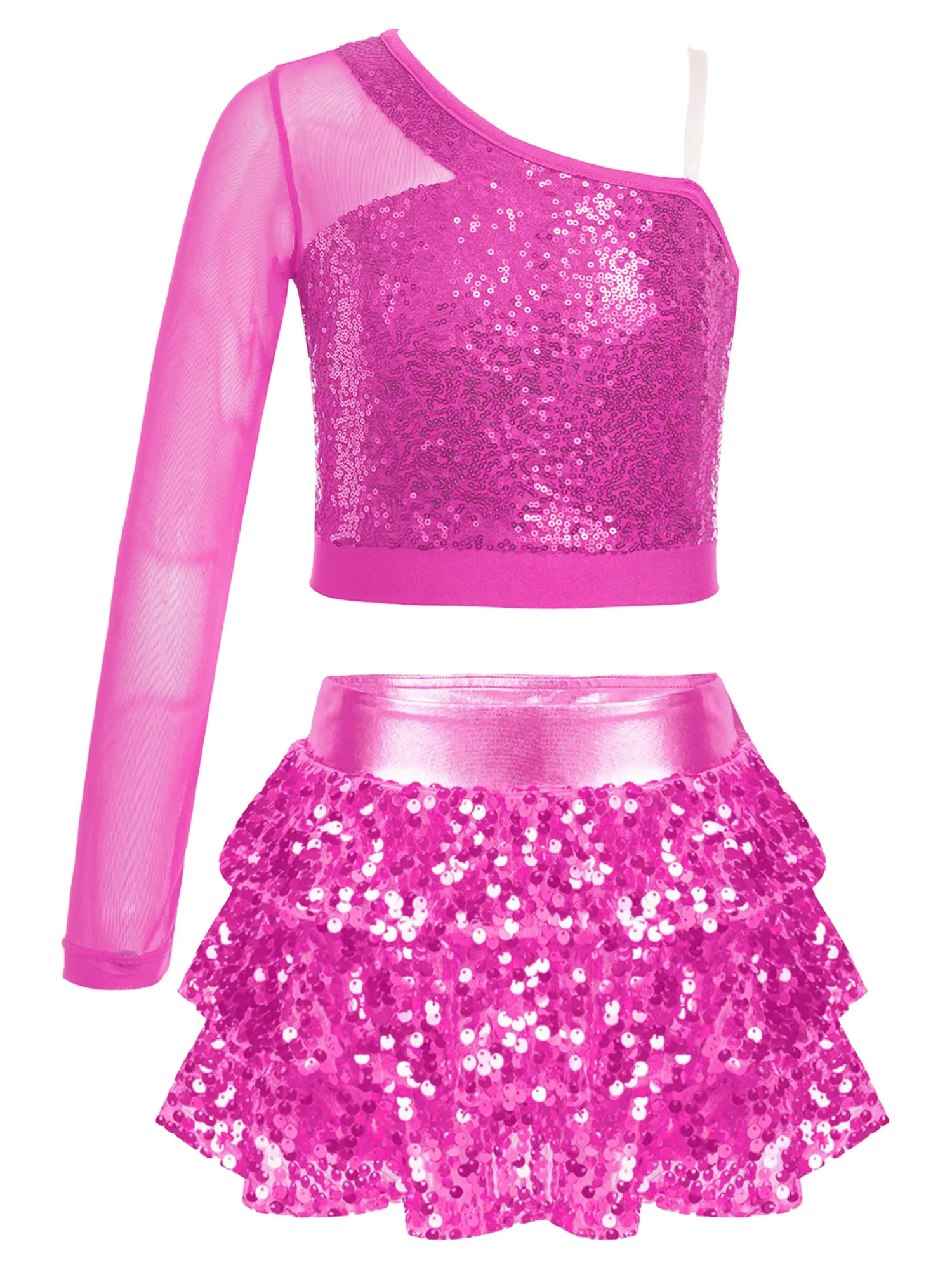 Roupa de dança jazz para meninas, 2 peças, transparente, um ombro, lantejoulas, top curto com saia