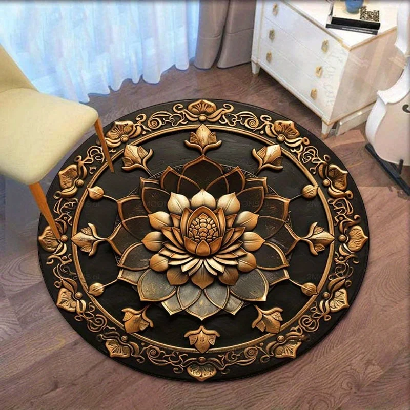 Round Crystal Velvet Rug Gold Lotus Mandala Black Background Floor Mat Oriental Boho Home Decor Luxury Zen Art Design