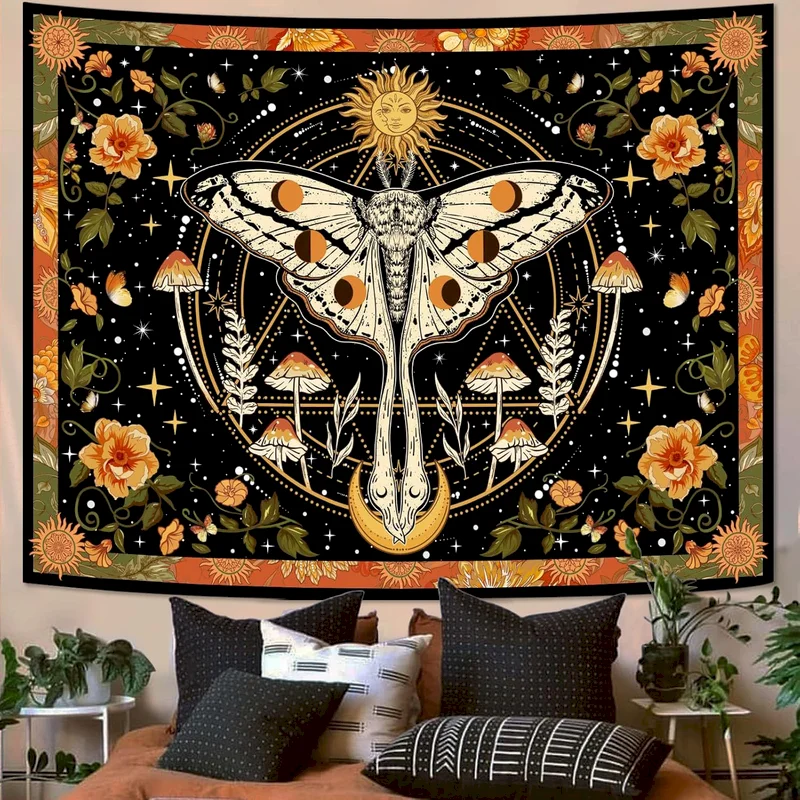 VIKAMA Retro Bohemian Tapestry Frog Flower Sun Wall Hanging Bedroom Living Room Background Fabric Home Wall Decoration