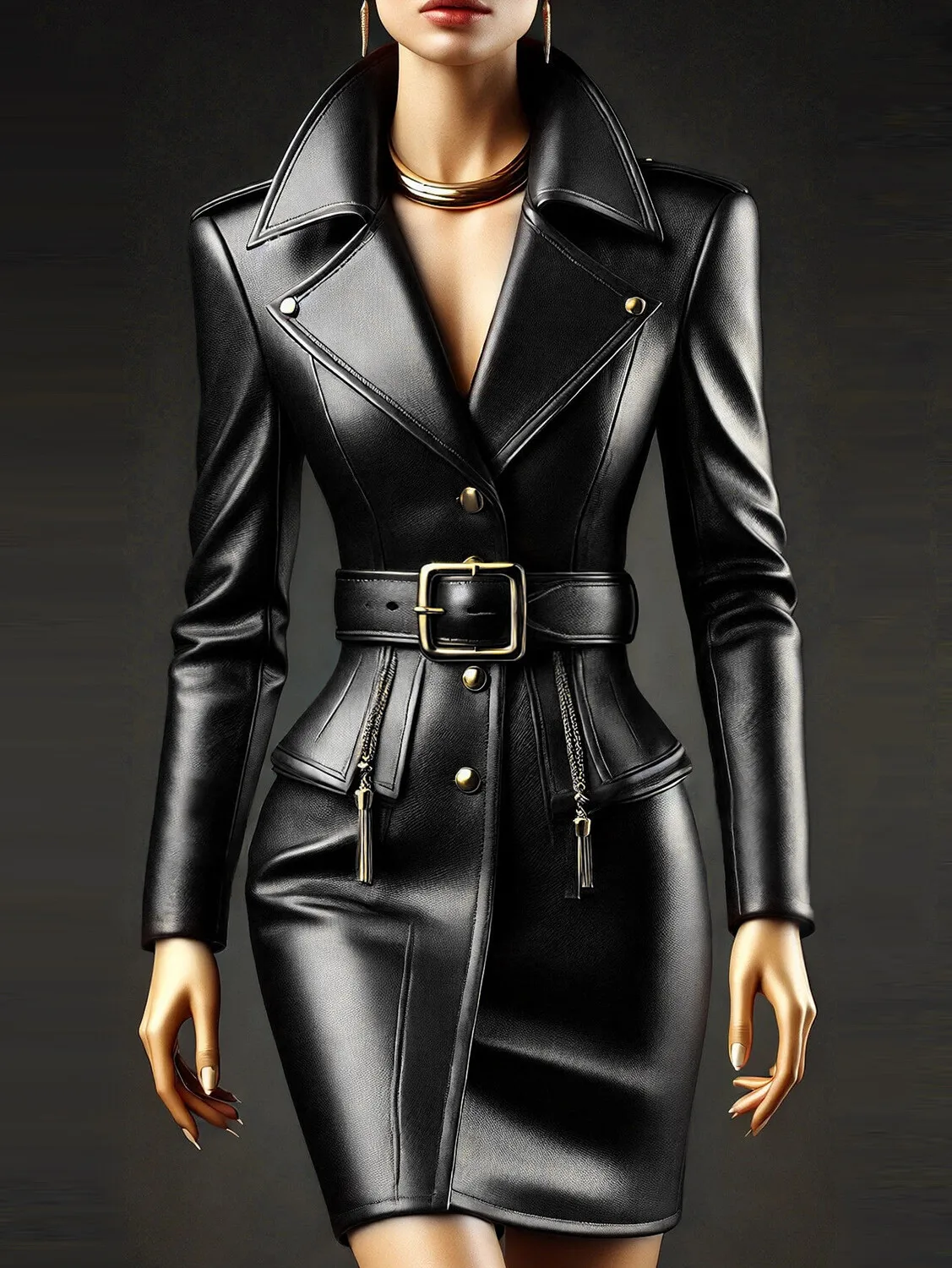 

Women Faux Leather PU Dress Lapel Collar Pockets Long Sleeve Straight Mini Dresses High Street Vintage Cargo Dress with Belt