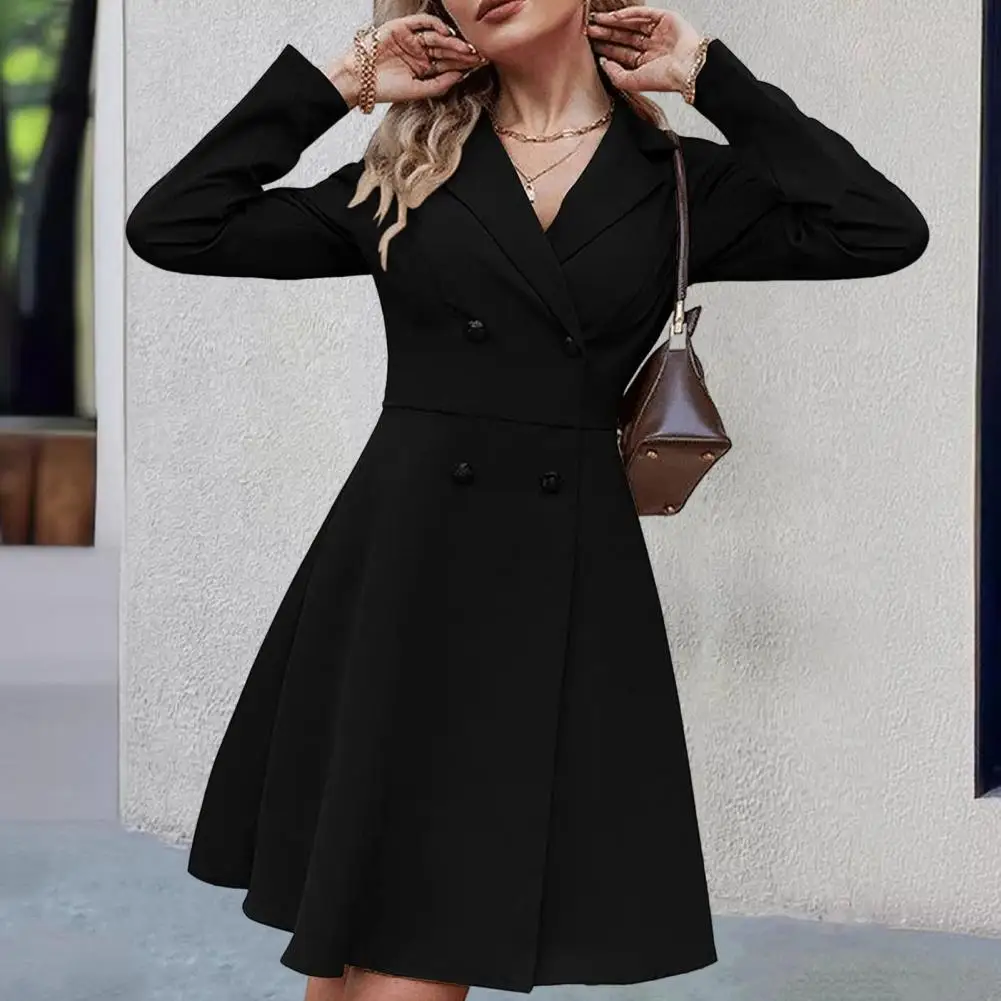 Women Jacket Double-breasted A-line Slim Fit Turn-down Collar Tight Waist Pure Color Formal Business Dress Long Sleeve Coat