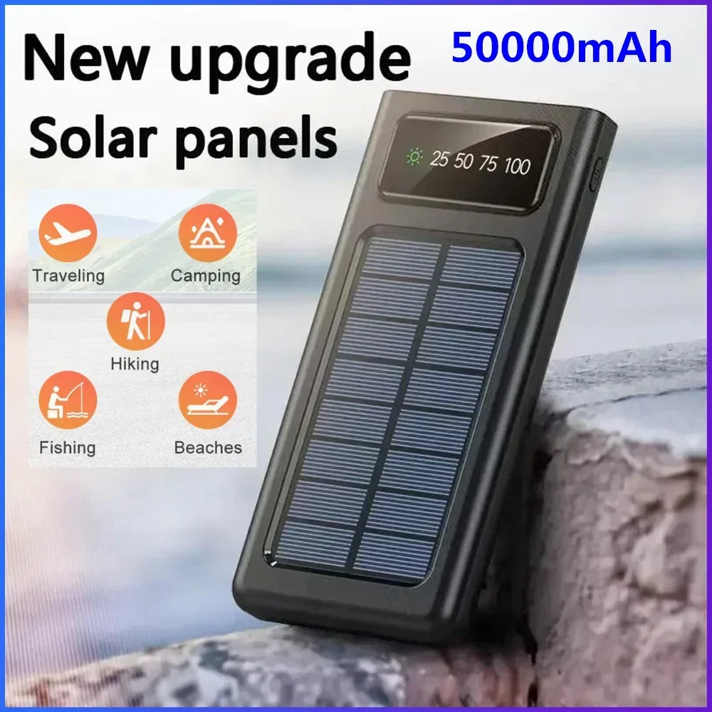 2025 Newest 50000mAh Portable Solar Power Bank with LED Light External Battery Charger Cases for iPhone Xiaomi Samsung Android