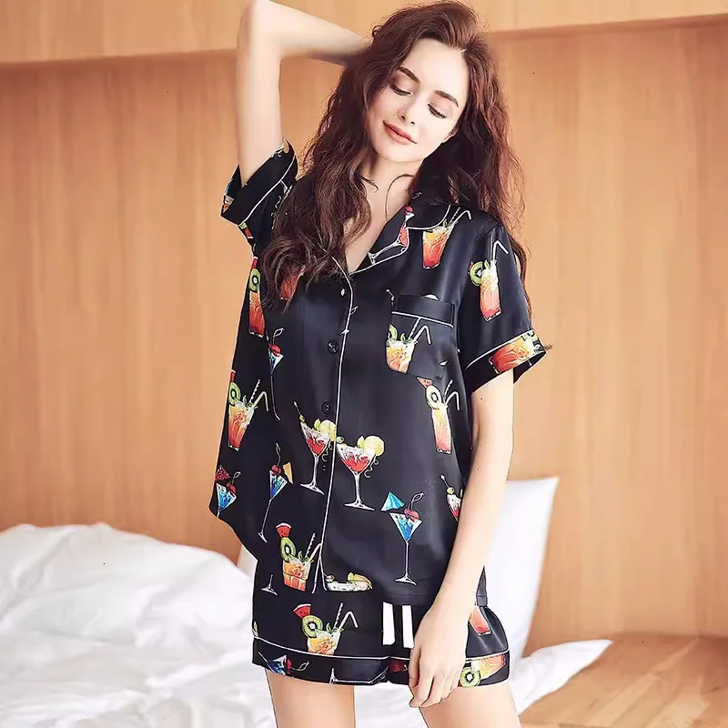 Cute Print 100% Mulberry Silk Pajama Set Thin Short Sleeve Buttons Lapel Top & Elastic Shorts Women's Nightwear Casual Sleepwear