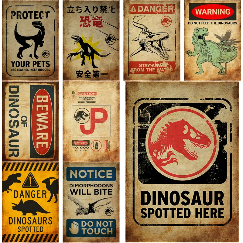 Dinosaur Spotted Here Retro Poster Dinosaurs Danger Warning Sign Prints Vintage Aesthetic Home Room Cafe Art Wall Decor Painting