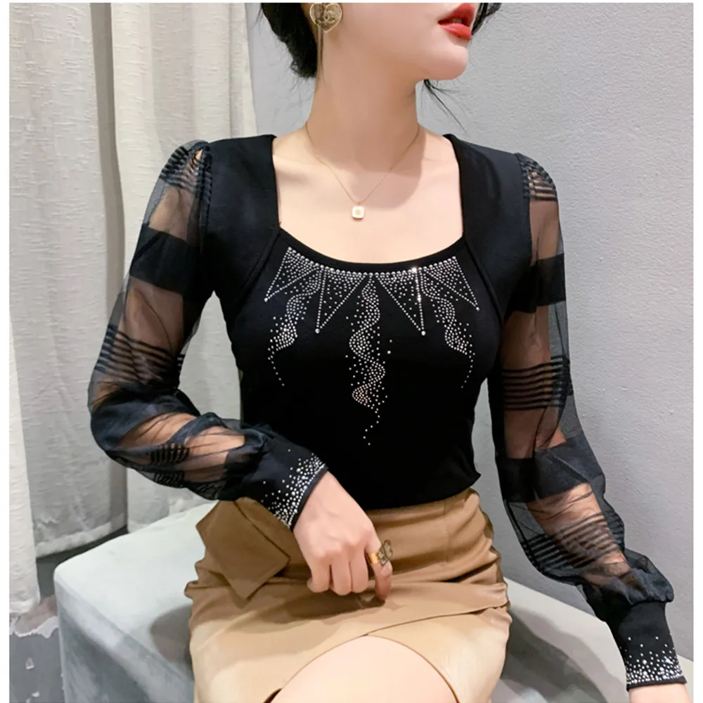 2024 New Fall Winter Clothes Mesh T-Shirt Chic Sexy V-Neck Patchwork Flower Diamonds Women Tops Long Sleeve Drill Tees