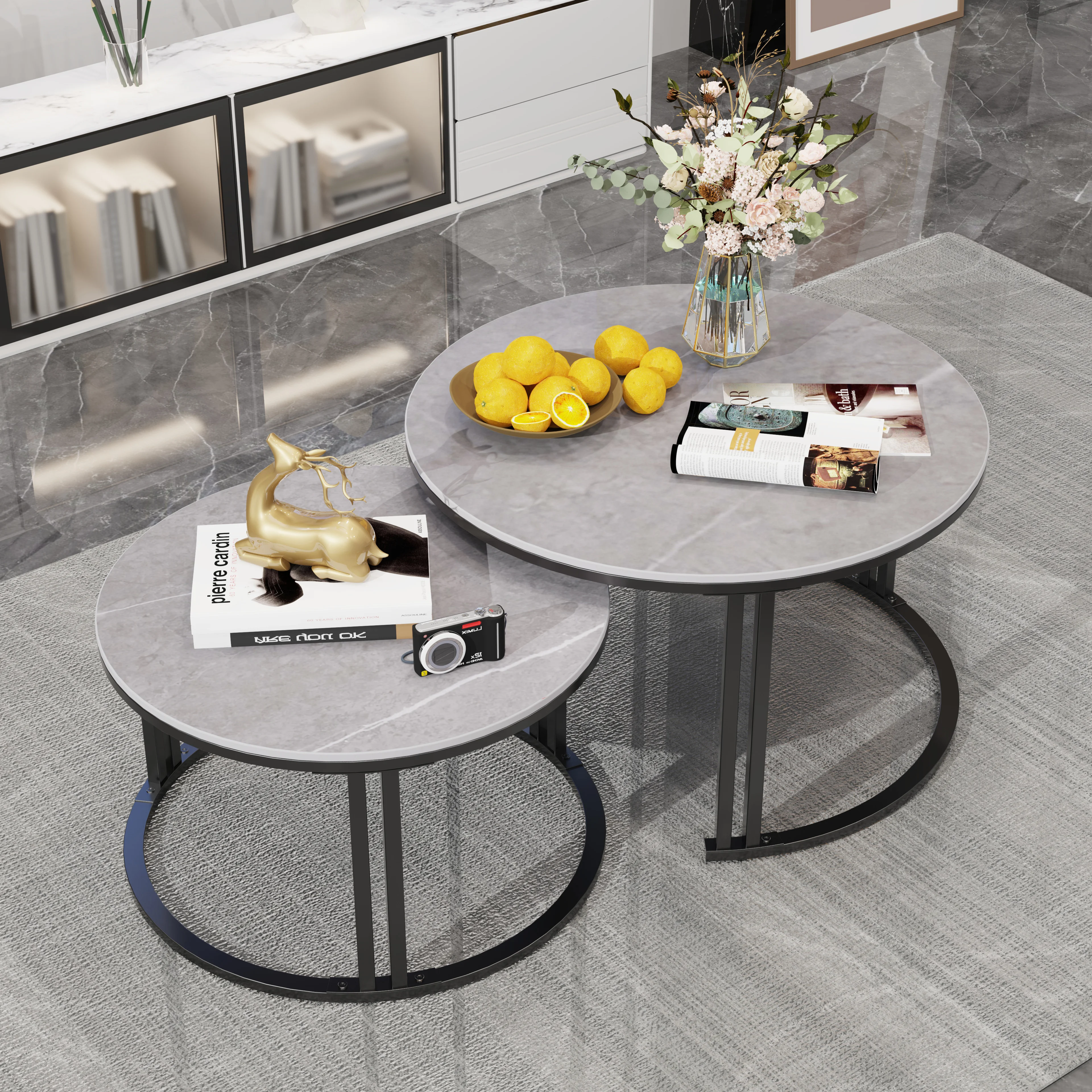 Circle Nesting Coffee Table Set of 2, Modern Chic Round Nested Center Coffee Table with Sinter Stone-top Stacked Sofa Side Table