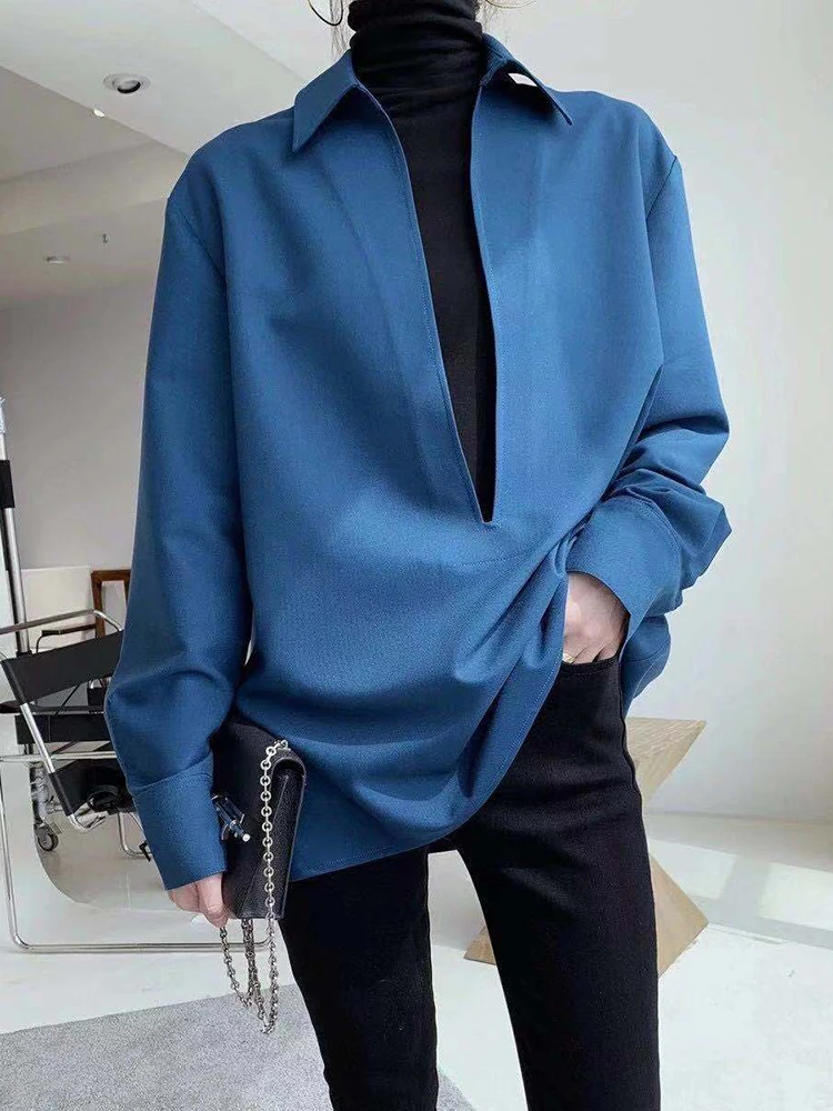 TWOTWINSTYLE Loose Blue Shirt For Women V Neck Long Sleeve Solid Minimalist Vintage Blouses Female Korean Fashion Clothing Style