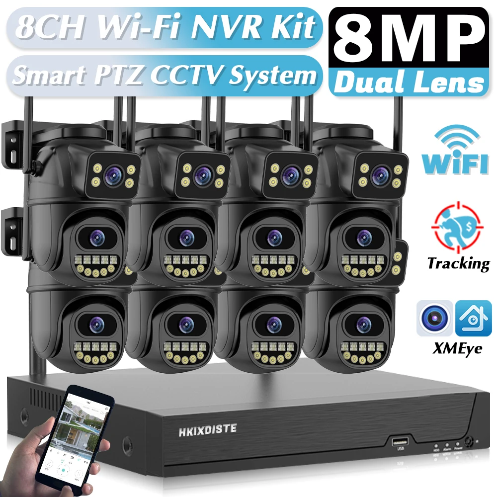 

XMEye 8-канальный комплект Wi-Fi NVR ICSee, уличная умная Wi-Fi камера видеонаблюдения с двумя экранами, 8MP 4K, система видеонаблюдения для дома