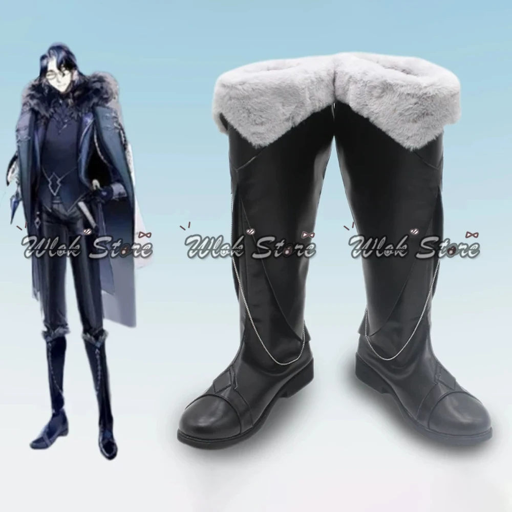 Game Genshin Impact Pantalone Cosplay Shoes Black Knee High Boots with White Fur Trim Halloween Party Carnival Cos Shoes For Men