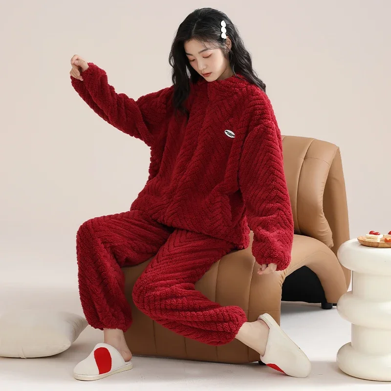 MiiOW Winter Warm Fleece Women Pajamas Red Christmas Ladies Zipper Sleepwear Flannel Homewear Thickened Coral Velvet Girl Pajama