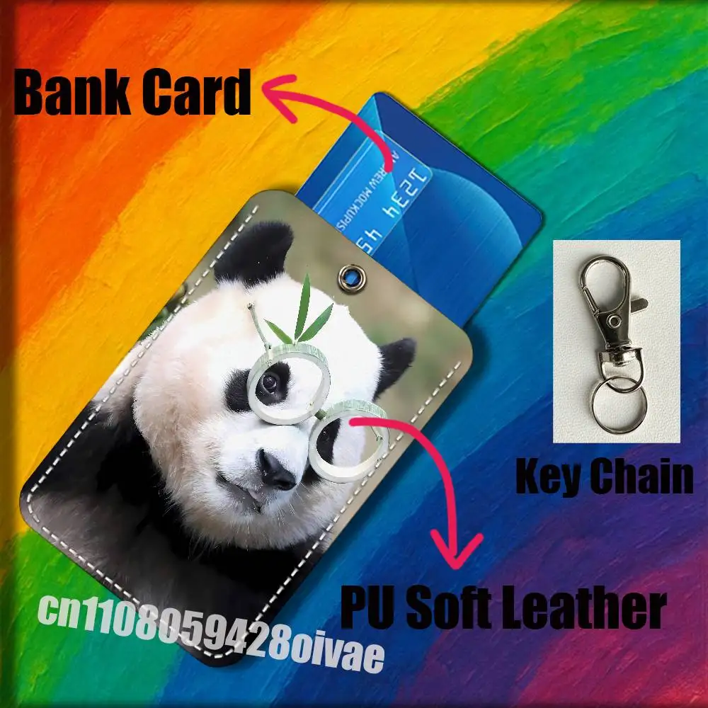 Panda Fubao Tiger Rabbit Cat For ID Clips Credit Bank Campus Card Holder Cover Decoration PU Leather Keychain