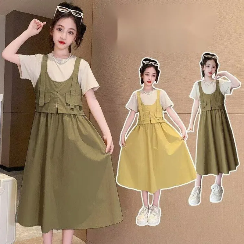 

Summer Girls' Dress New Daily Loose Spliced Fake Two Piece Skirt Western Style Thin Style Academy Style