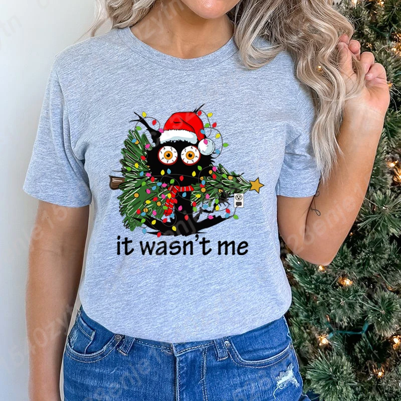 Christmas Tree Cat It Wasn't Me Print T-shirts For Women Summer Lovely Short Sleeve Casual T-Shirts Funny Ladies Round Neck Tops