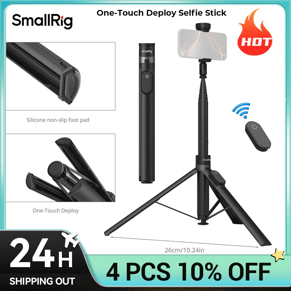 SmallRig ST30 One-Touch Deploy Selfie Stick Tripod Black and White can Choose 33 to 168cm with Remote Control Adjustable Holder