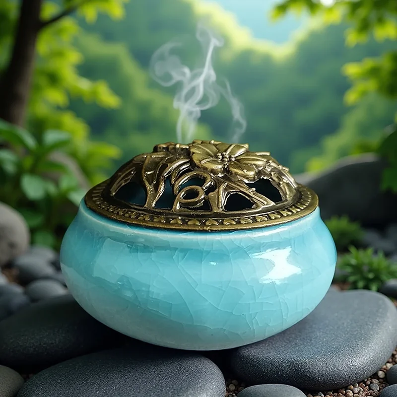 Ceramic Ice Crack Coil Incense Burner with Copper Cover, Colorful Antique Alloy Incense Plate Aroma Diffuser Home Decor