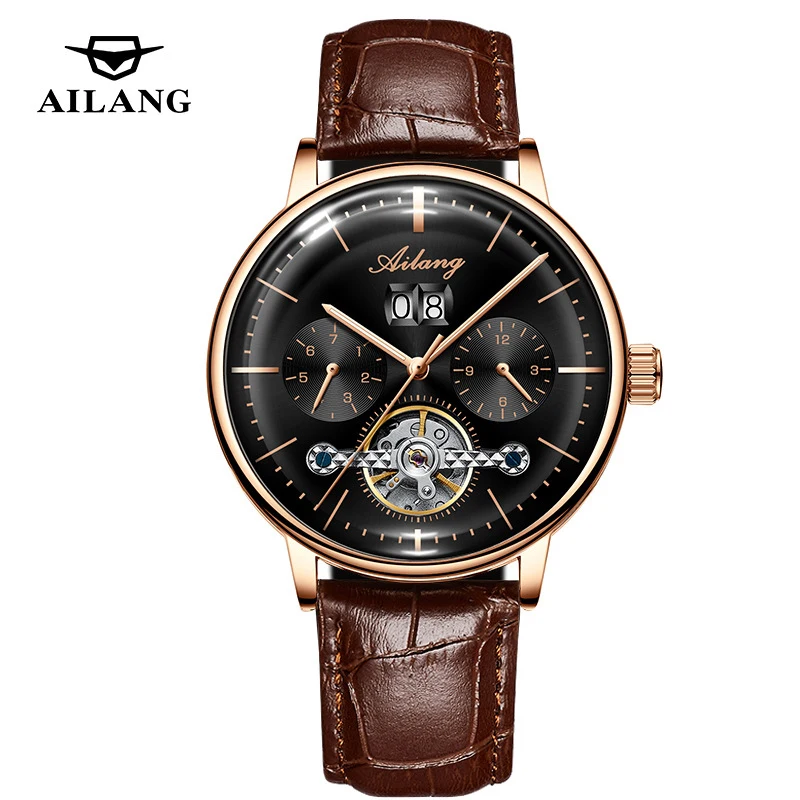 AILANG Fashion Tourbillon Mechanical Watch for Men Luxury Leather Strap Waterproof Automatic Calendar Business Mens Watches