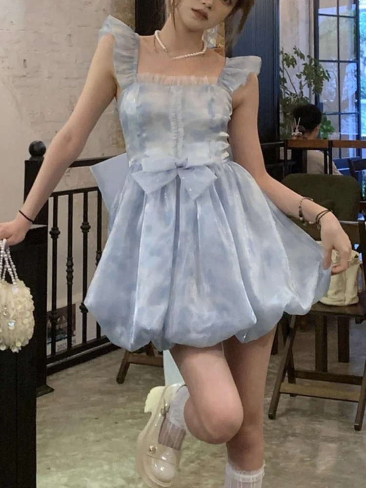 Backless Blue France Vintage Mini Dress Women Bow Flying Sleeve Sweet Elegant Dress Female Korea Evening Party Dress Summer 2023