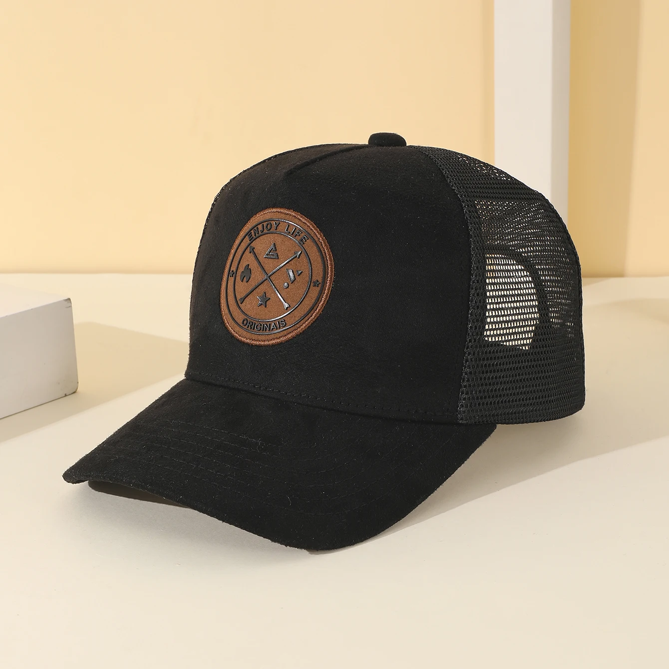 Retro-Baseballkappe aus Wildleder-Patchwork mit rundem Logo, atmungsaktiver Sommer-Sonnenhut aus Mesh, lässiger Sonnenschutzhut für den Außenbereich – Detail 7
