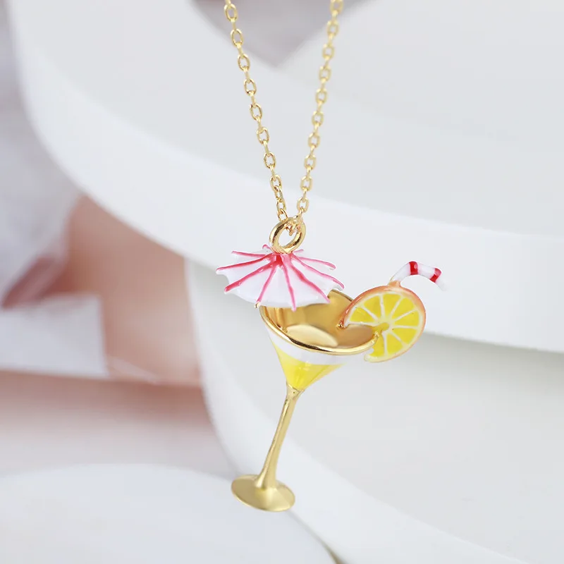 Fashion Luxury Cute Summer Beach Style Handmade Drip Oil Fun Cute Cocktail Cup Lemon Beach Umbrella Pendant Necklace for Women