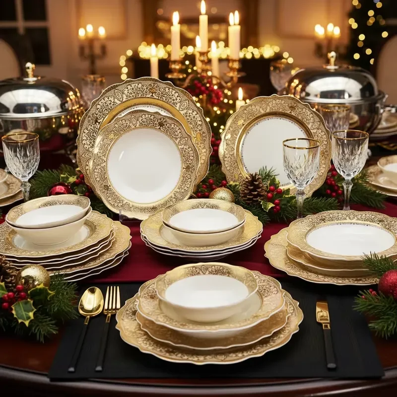 98PCS Embossed Real Gold Porcelain China Royal Style Wedding China Dinnerware Porcelain Dinner Set