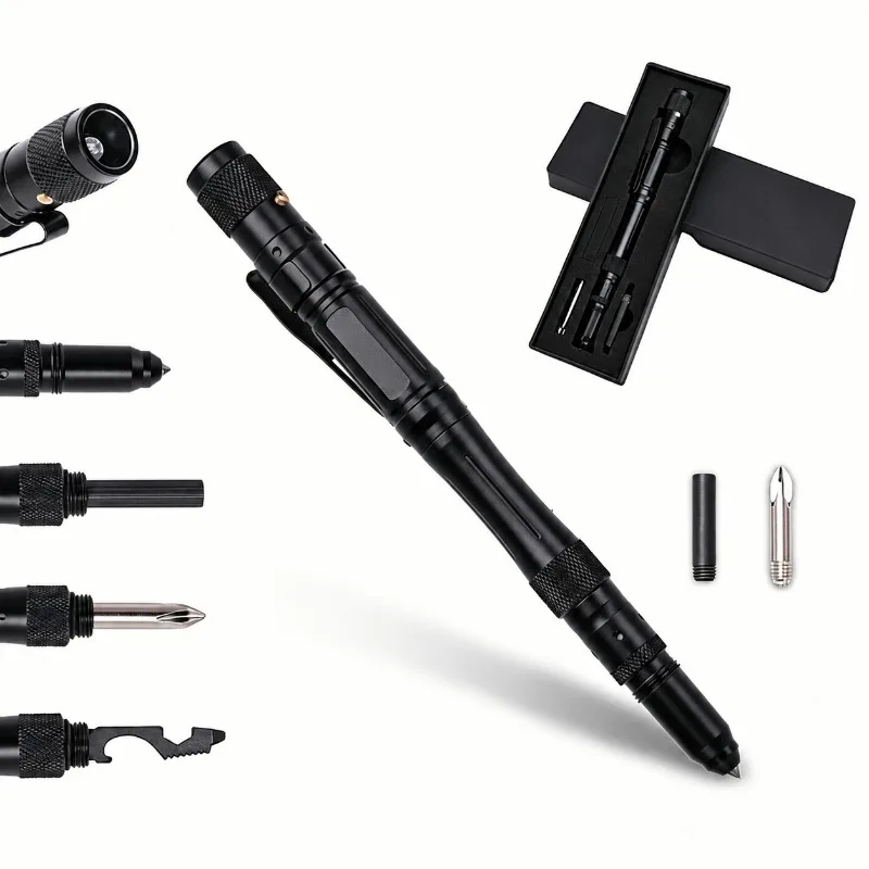 Tungsten Steel Head Tactical Pen Aluminum Alloy EDC Multifunctional Signing Pen Outdoor Survival Window Breaker Tool Black