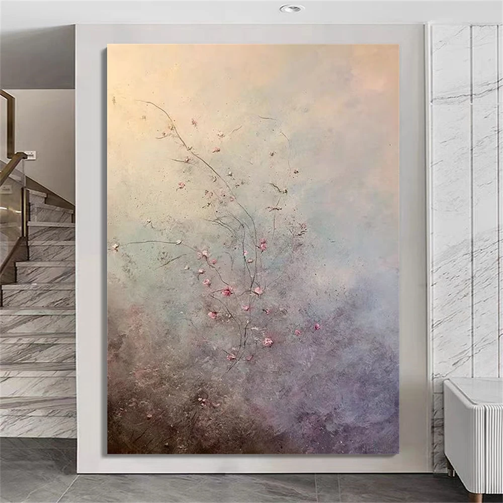 

100% Hand-Painted Blue Flower Oil Painting On Canvas Vintage Image Art With Golden Stripes Dahlia Pictures For Living Room Decor