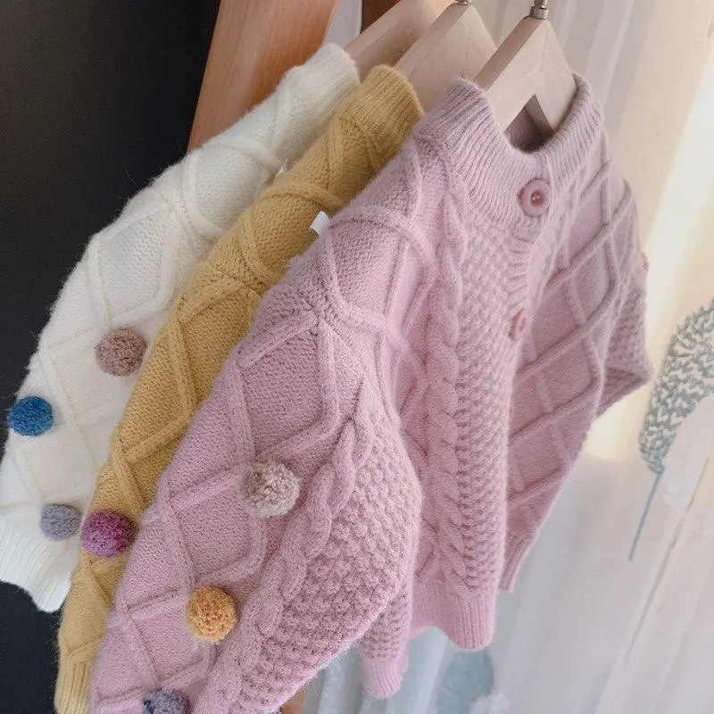 Sweet Knitted Ball Baby Girl Sweater Cardigan Spring Autumn Children's Cute Knitwear Jacket for Kids