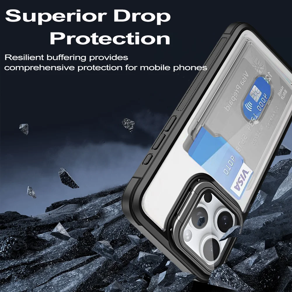 

With Card Transparent Wallet Holder Phone Case for iPhone 15 14 13 12 11 Pro Max Plus Fall Prevention Clear Lens Bracket Cover