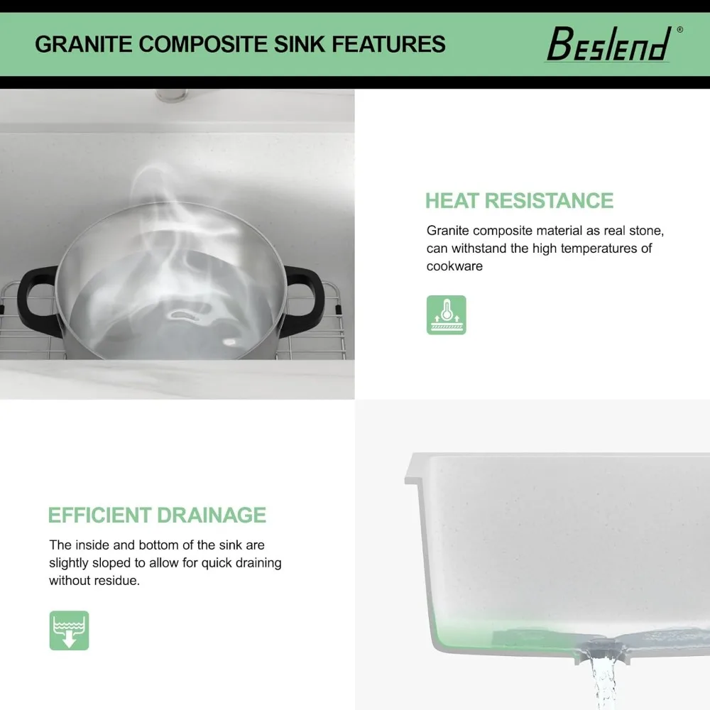 Pia de lavanderia de 24 polegadas sob montagem – Pia utilitária branca composta de granito de quartzo 24 x 18 x 12 polegadas Bacia de granito de 12 polegadas, durável S