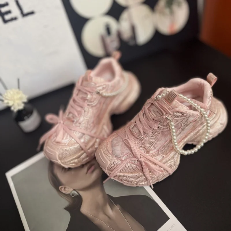 Paris Summer New Thick Bottom Casual Rhinestone Strap Dad Shoes Versatile Sports Shoes High Aesthetic Lace Mesh Women's Shoes
