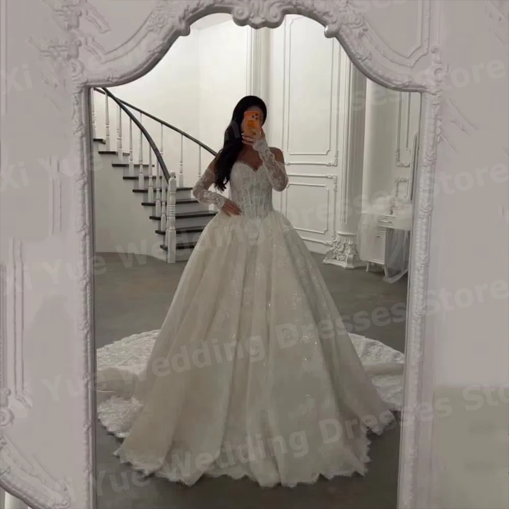 

2026 Luxurious A Line Women's Lace Sweetheart Wedding Dresses Vestido De Novia Bride Gowns Long Sleeve Customized Robe De Mariée