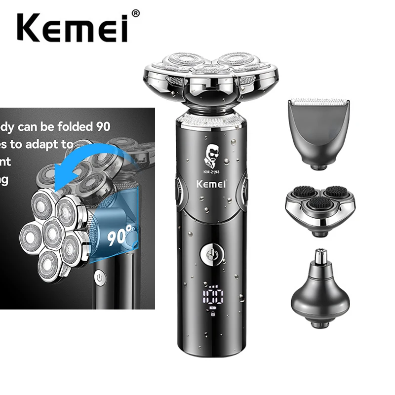 Kemei Foldable 6 Blades Shaver Detachable Head Electric Rotary Razor IPX7 Waterproof Bald Men Wet Dry Rechargeable Grooming Kit