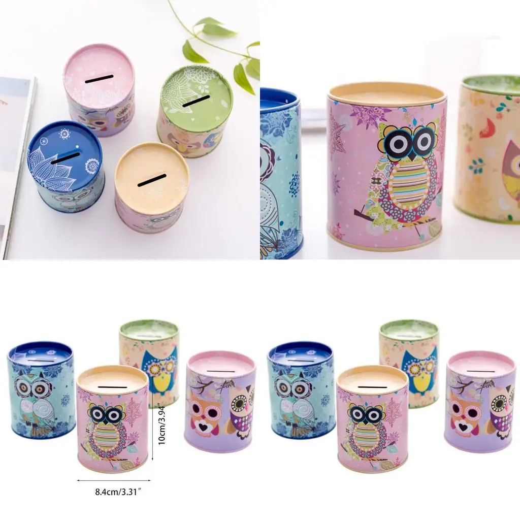 

Creative Vintage Tinplate Cylinder Piggy Bank Cartoon Colorful Geometric Owl high quality