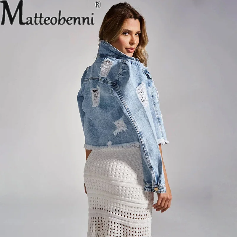 Fashion Broken Holes Long Sleeves Button Splicing Denim Jacket Women's Streetwear Daily Casual Female Lapel Blue Short Coat 2023