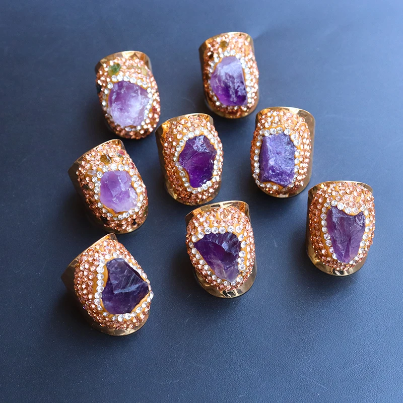 

Handmade Micro Inlay Amethyst Open Rings for Women Irregular Natural Raw Stone Finger Jewelry