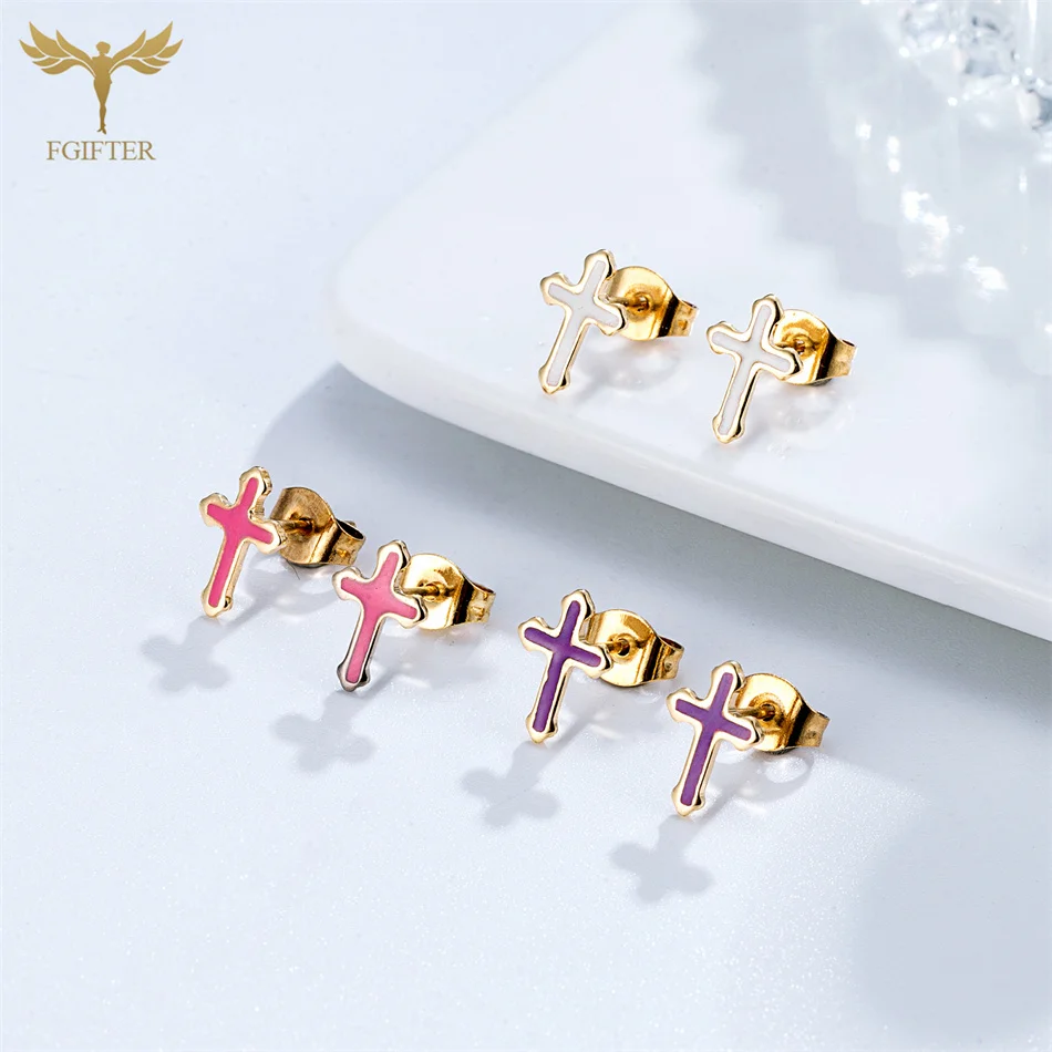 12 Pairs Mixed Colors Stainless Steel Cross Earrings Set Women Christianity Jewelry Golden Small Ear Stud Gifts pendientes acero