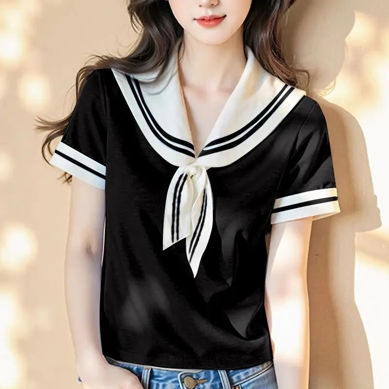 This Year's Popular Sky Blue Navy Neck Lace-up Top for Women's Summer 2025 New Fashionable Age-reducing Short-sleeved T-shirt