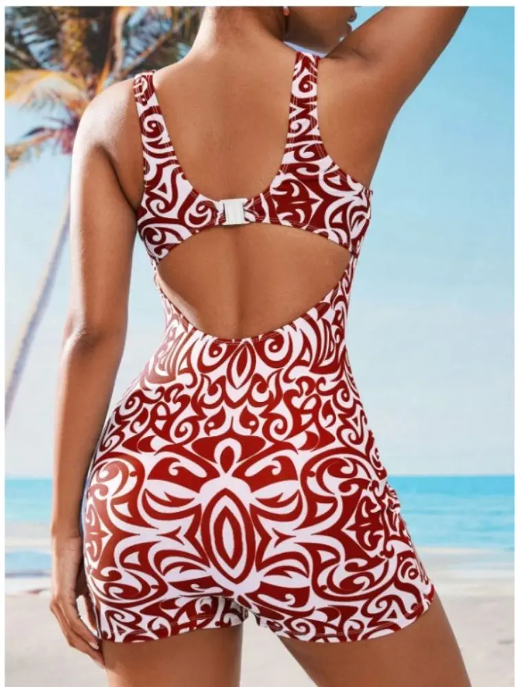 Rückenfreier, lässiger einteiliger Damen-Badeanzug mit Allover-Print und Shorts für den Sommer-Strandurlaub