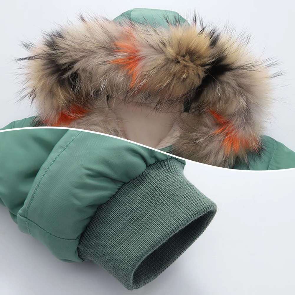 Chaqueta de algodón para bebé, traje de nieve de felpa con capucha de piel sintética para niñas y niños, abrigo acolchado cálido de lana gruesa, prendas de vestir de invierno para niños