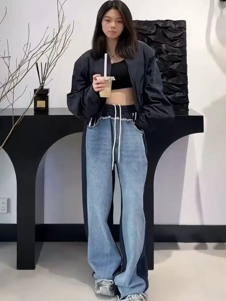 

Retro Waed Color Blo Denim Jeans Women's Loose Straight Leg kets Casual Long Trousers High Waist Wide Leg Pants