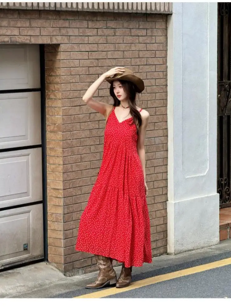 

Summer Red Print V-neck High Waist Sleeveless Bareback Slip Long Dress For Women Elegant Vacation Pleated Dress Casual Bohemian