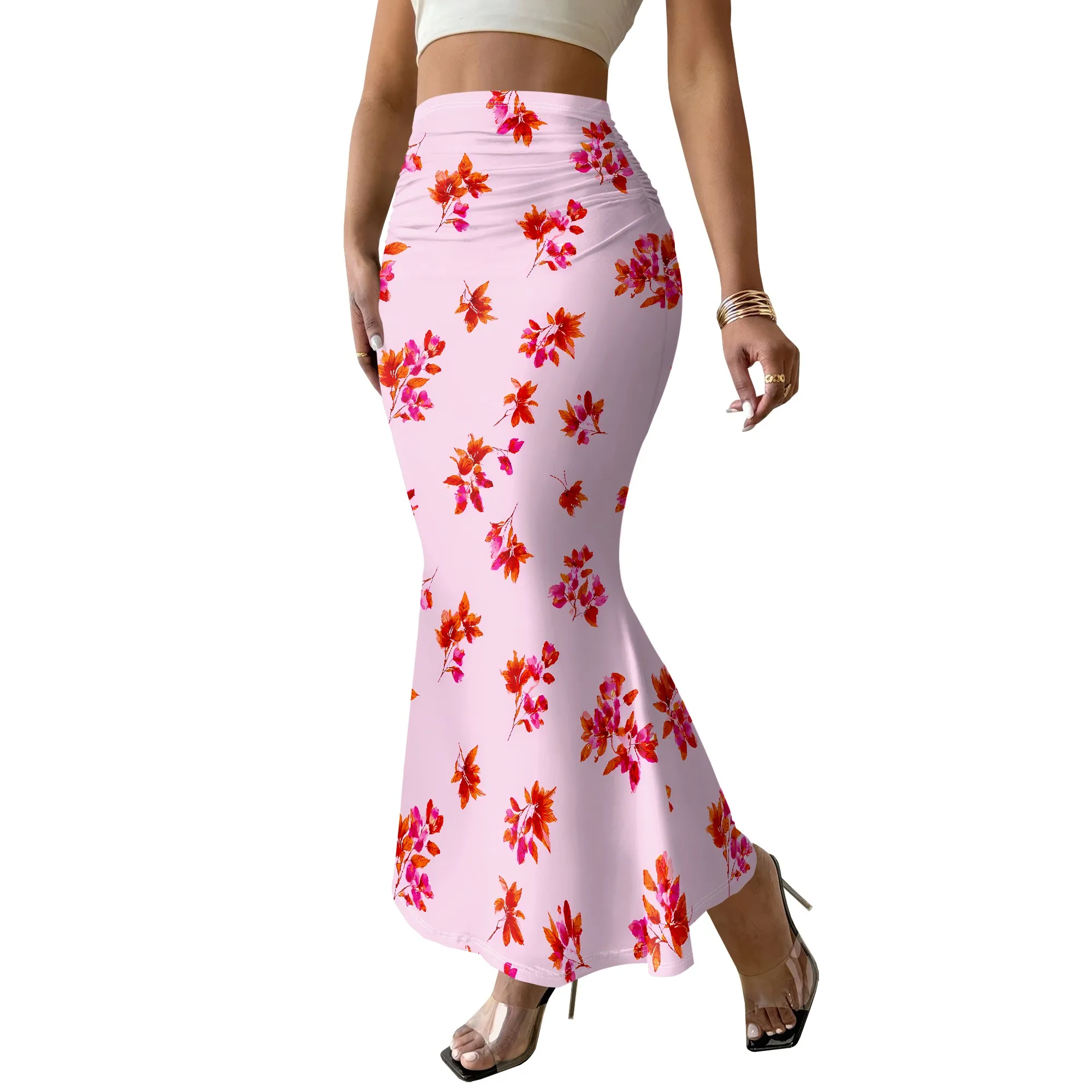 Floral Mermaid Skirt, Pink Leaf Print Midi Skirt, Summer Beach Vacation Bottoms, Elastic Waist, S-2XL
