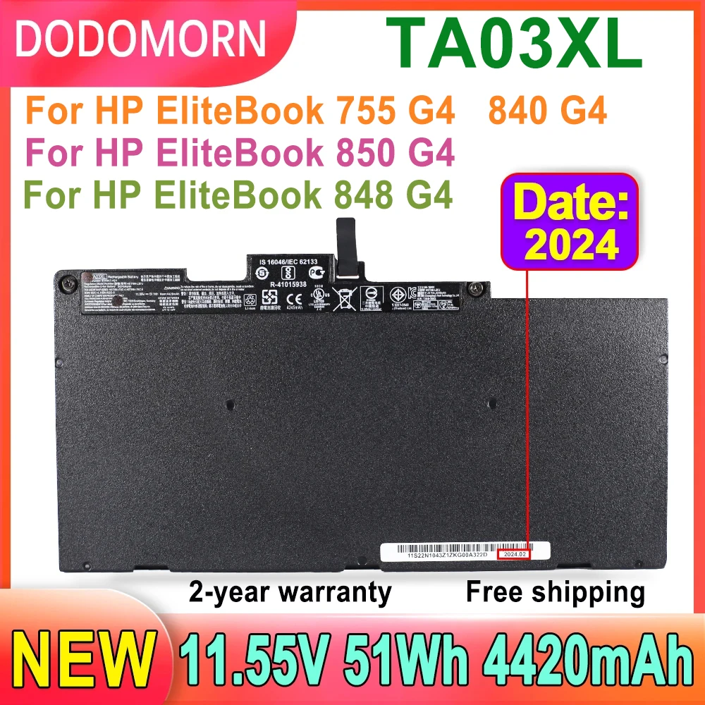 DODOMORN-Bateria de portátil recarregável para HP Elitebook, TA03XL, 11.55V, 854047-421, HSTNN-LB7J, bateria de reposição de alta qualidade para HP Elitebook 755 840 848 850 G4