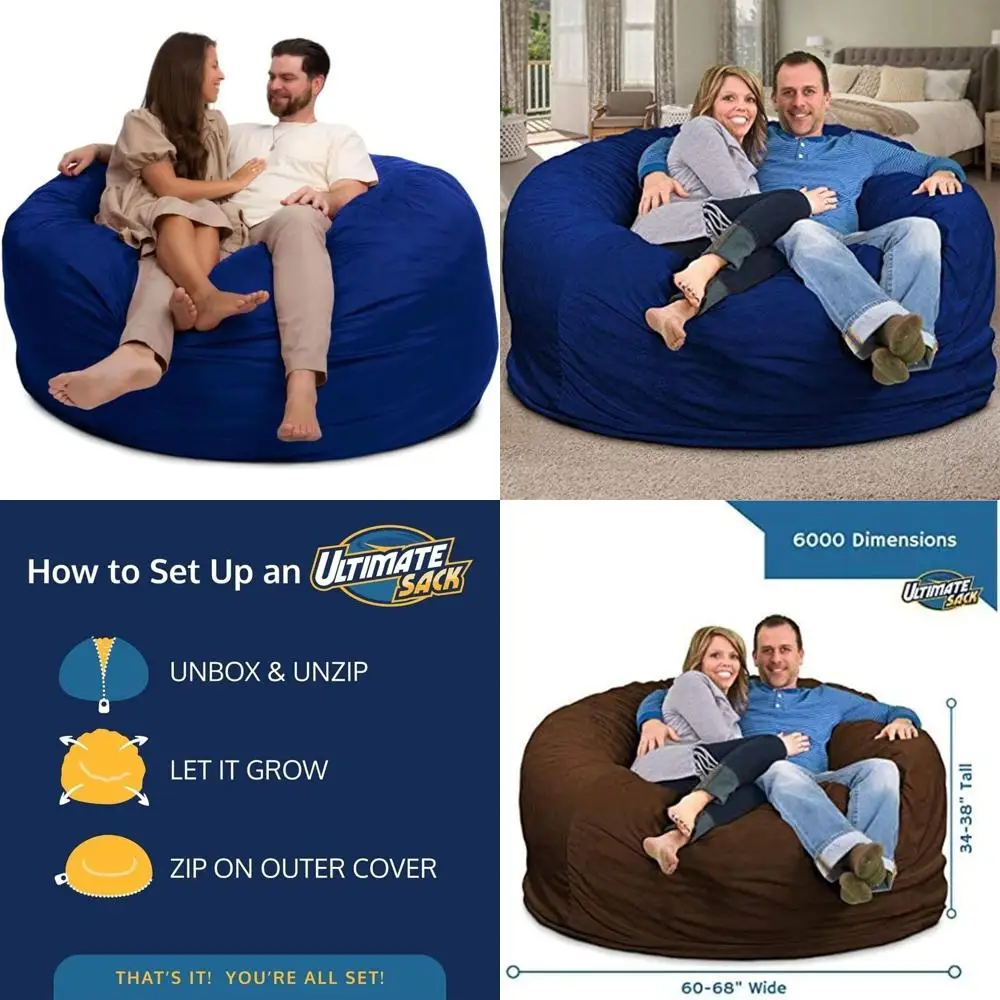 

6-Foot Memory Foam Bean Bag Chair with Machine Washable Suede Cover, Zippered, Double Stitched, and Durable Interior