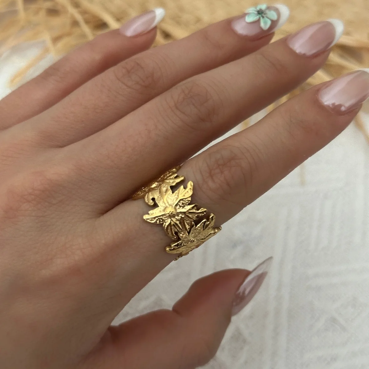 Edelstahlringe mit unregelmäßigen Wellen, Korallen, Seesternen und Blumen für Damen und Herren, Retro-Punk, florale Blätter, geometrische Linien, Boho-Schmuck – Detail 15