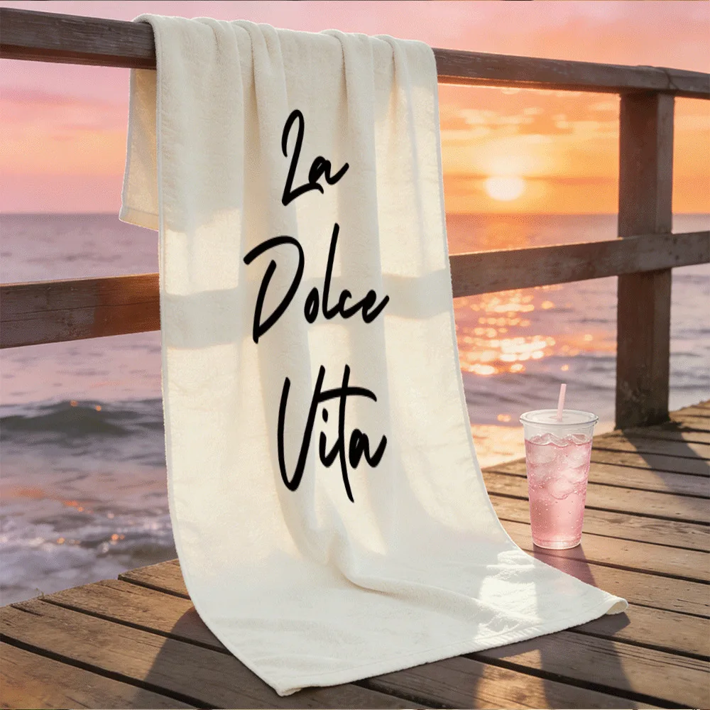 Cream White La Dolce Vita Black Cursive Text Super Absorbent Quick Dry Beach Towel Italian Style Seaside Bath Blanket